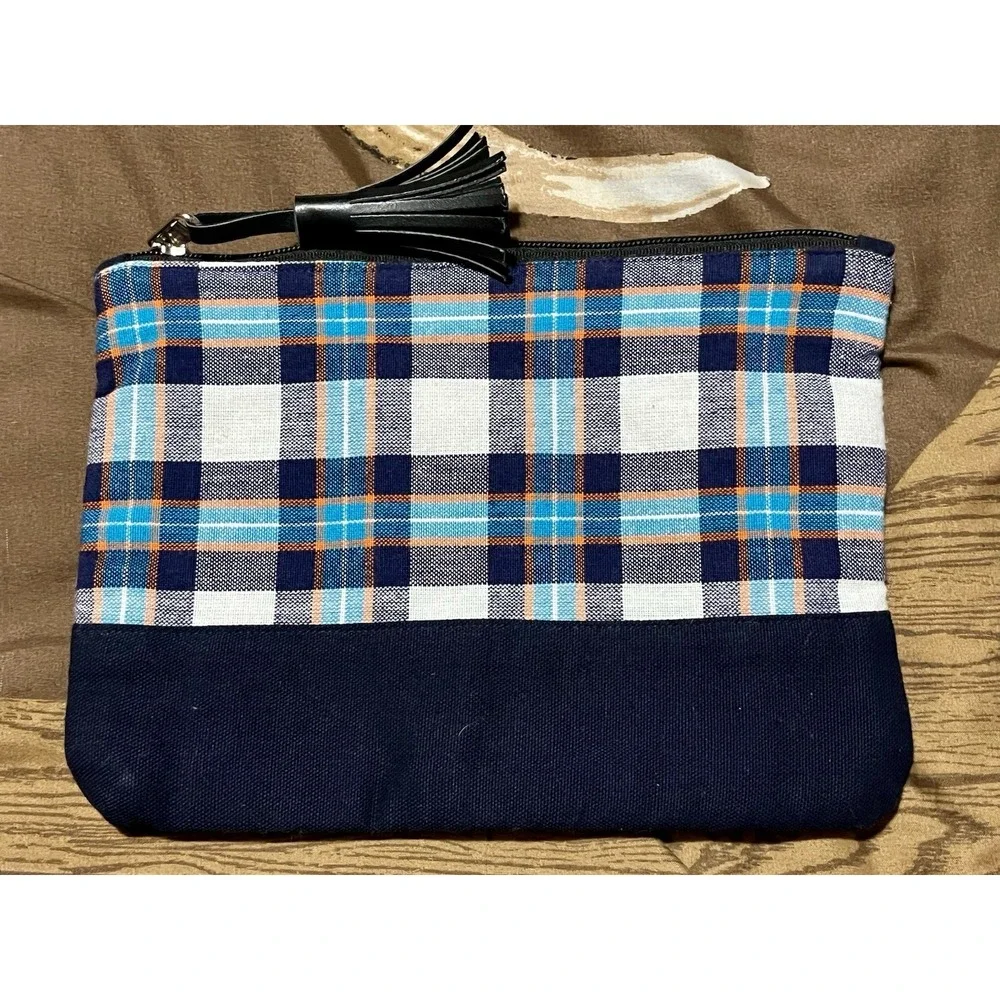 Makeup Bag Cosmetic Fabric Pouch Purse Toiletry Plaid Embroidered 